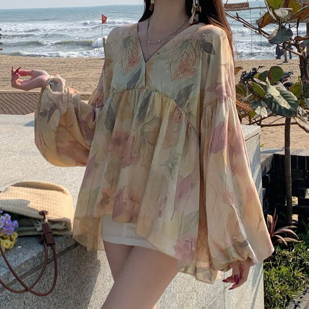Pink Boho Women's Floral Loose Fit Round Neck Long Sleeve Ruffle Blouse